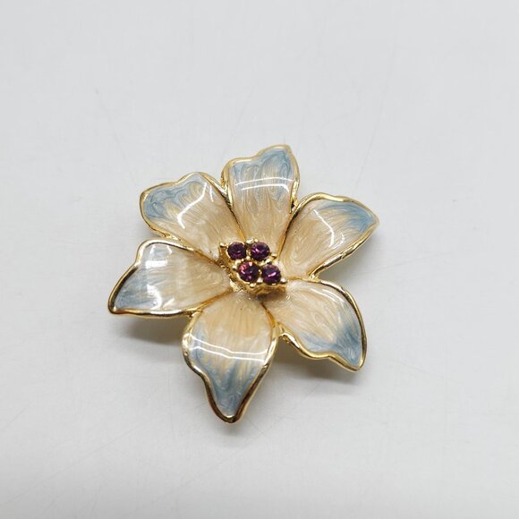 Blue Flower Brooch Gold Tone Elegant Marble Cream Enamel Rhinestone Center - Picture 2 of 4